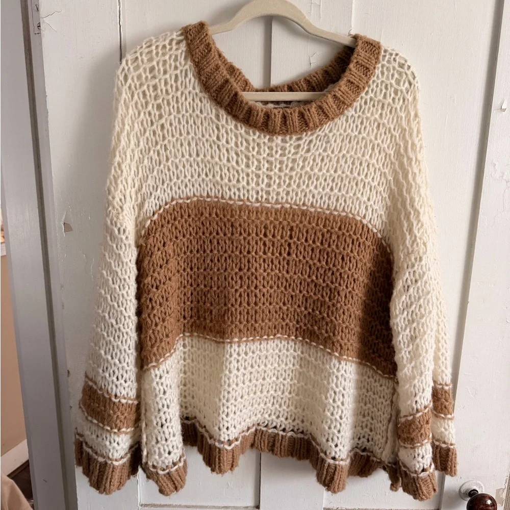 Free People Chunky Knit Sweater - Brown and Cream